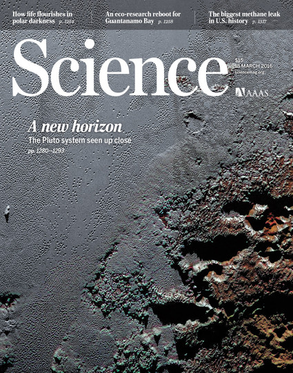 A cover of Science Magazine, dated 18 March 2016, featuring Pluto's surface, as seen by the New Horizons spacecraft. A cover of Science Magazine, dated 18 March 2016, featuring Pluto's surface, as seen by the New Horizons spacecraft.
