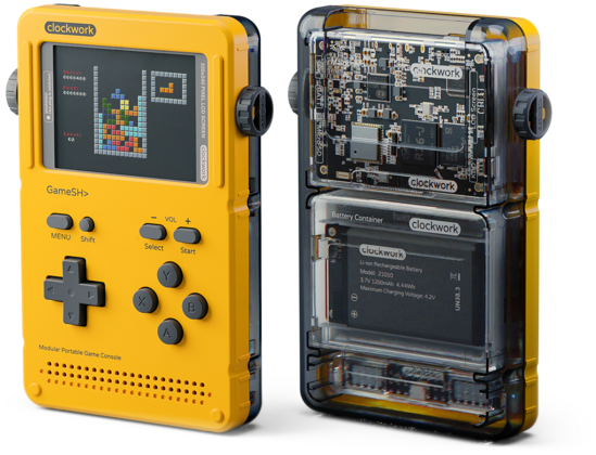 front and back view of a gameboy-like handheld, parts of it in see-through plastic.