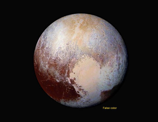 Four images from New Horizons' Long Range Reconnaissance Imager (LORRI) were combined with color data from the Ralph instrument to create this enhanced color global view of Pluto. (The lower right edge of Pluto in this view currently lacks high-resolution color coverage.) The images, taken when the spacecraft was 280,000 miles (450,000 kilometers) away, show features as small as 1.4 miles (2.2 kilometers), twice the resolution of the single-image view taken on July 13, 2015.
https://pluto.jhuapl.edu/Galleries/Featured-Images/image.php?page=1&gallery_id=2&image_id=265
Credit: NASA/Johns Hopkins University Applied Physics Laboratory/Southwest Research Institute Four images from New Horizons' Long Range Reconnaissance Imager (LORRI) were combined with color data from the Ralph instrument to create this enhanced color global view of Pluto. (The lower right edge of Pluto in this view currently lacks high-resolution color coverage.) The images, taken when the spacecraft was 280,000 miles (450,000 kilometers) away, show features as small as 1.4 miles (2.2 kilometers), twice the resolution of the single-image view taken on July 13, 2015.
https://pluto.jhuapl.edu/Galleries/Featured-Images/image.php?page=1&gallery_id=2&image_id=265
Credit: NASA/Johns Hopkins University Applied Physics Laboratory/Southwest Research Institute