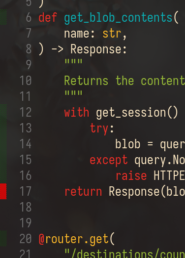 Some Python code in Vim. In the sign column on the left edge of the screen, some lines have a strip of 75 % transparent green next to their line number. One line has a block of 25 % transparent red next to it. These colored markers are rendered as Unicode "block elements" shaded cells.