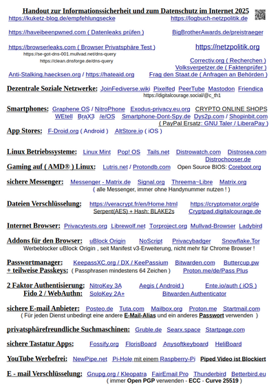 Meine Datenschutz und Privatsphäre Übersicht, für die allgemeine Nutzung. 🔓  

#DSGVO #TDDDG #Datenschutz #Privatsphäre #sicherheit #Verschlüsselung #WEtell #SoloKey #NitroKey #Email #Cybersecurity #BigBrotherAwards #Massenűberwachung #Sicherheitspaket
#Google #Metadaten #WhatsApp #Threema #Cryptpad #Signal
#Hateaid #Cyberstalking #Messenger #Browser #Youtube #NewPipe #Chatkontrolle #nichtszuverbergen #ÜberwachungsKapitalismus #Microsoft #Appel #Windows #Linux #Matrix #Mastodon #Friendica #Fediverse #Loops #2FA #Ransomware #Foss #VeraCrypt #HateAid #Coreboot #Volksverpetzer #Netzpolitik #Digitalisierung #Informatik #Shiftphone  #OpenSource #GrapheneOS #CCC #Haecksen #Mail 
#Mullvad #PGP #GnuPG #DNS 
#Gaming #linuxgaming #Lutris #Protondb #e_OS
#Murena  #LiberaPay #GnuTaler #Taler 
#FediLZ #BlueLZ
#InstaLZ #ThreatModel
#FLOSS #Medienkompetenz