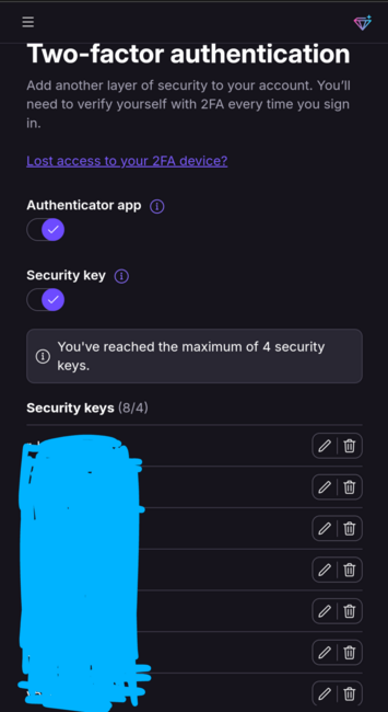 Proton security settings for security keys, where 7 redacted keys are listed by name, with an eighth not shown, and the maximum described as four, producing a nonsensical label that basically means "you have 8 out of four keys registered"