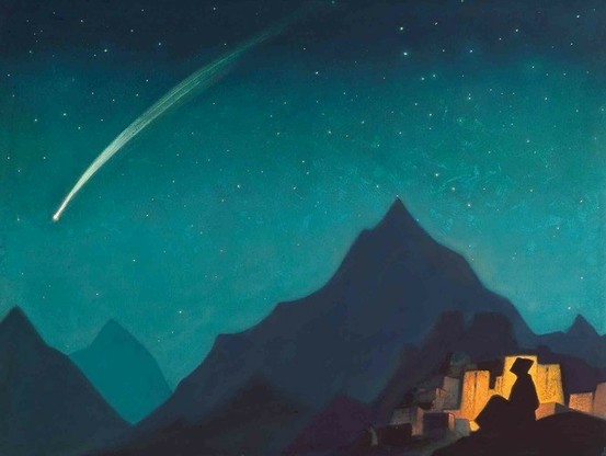we are on a mountain peak at night, with other peaks in the distance.  A sitting figure is backlit by a campfire on the right and in the starry sky on the left is a stylized shooting star