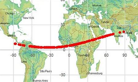 Earth map with the potential impact zone marked, near the equator from South America over Africa to India.