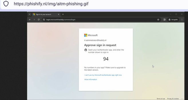 Screenshot of https://phishify.nl/img/aitm-phishing.gif , an animated GIF, halfway - showing the "Man in the Middle" website asking for Microsoft's Aithenticator "number matching" 2FA/MFA code.

This is after the MitM site asked for the user's email address and password.