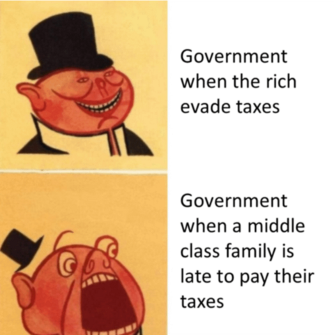 Government when the rich evade taxes.

Government when a middle class family is late to pay their taxes.