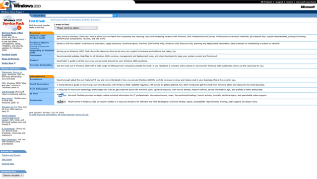 Screenshot of the Microsoft Windows 2000 website as it appeared on August 15, 2000. The page introduces Windows 2000, highlighting the availability of Windows 2000 Service Pack 1. The site features various sections such as an overview of Windows 2000, a technical library, downloads, support options, and guides tailored for different user groups like businesses, IT professionals, developers, and tech enthusiasts. A news section is dedicated to recent updates and important announcements, while the sidebar provides quick links to related pages and resources