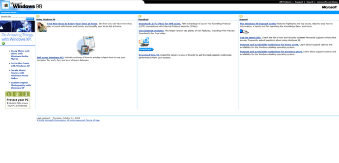 Screenshot of the Microsoft Windows 98 website as it appeared on September 1, 2004. The main sections include "Using Windows 98," "Download," and "Support." The "Using Windows 98" section suggests ways to maximize home usage, stay connected, and streamline tasks, with archived how-to articles for Windows 98. The "Download" section offers L2TP/IPSec for VPN users, the latest Internet Explorer, and DirectX for multimedia performance. In the "Support" section, users find highlights, top issues, and step-by-step guides, with links to support options for both home and business users. The left vertical menu provides quick access to media player, gaming, digital photography, and PC protection resources