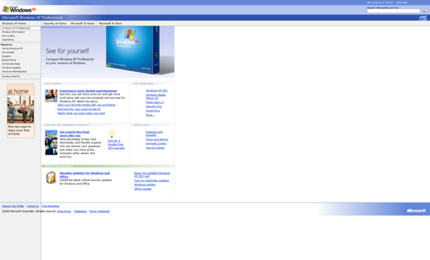 Screenshot of the Microsoft Windows XP Professional website as it appeared on November 1, 2004. The page features navigation links on the left side to sections like "Windows XP Home," "Product Information," "How to Buy," "Downloads," and "Support." The main content area promotes Windows XP Professional with a box image of the software and text encouraging users to compare it to prior Windows versions. Top sections include "Top Stories," featuring links to digital entertainment, media portability, and productivity tips; "Top Downloads," highlighting Windows XP SP2, Windows Media Player 10, Photo Story 3, DirectX 9.0c, and PowerToys; and "Explore the Windows Community," linking to user tips. Additional quick links provide access to features and benefits, upgrade and how-to centers, and security updates. The footer includes links to profile management, contact options, a free newsletter, and legal information by Microsoft Corporation, 2004.