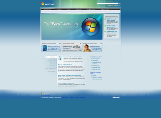 Screenshot of the Microsoft Windows website promoting Windows Vista as it appeared on February 2, 2007. The main banner features the slogan "The 'Wow' starts now. Experience Windows Vista." and includes the Windows logo. Highlights emphasize Windows Vista Business edition and Windows Internet Explorer 7, along with partner products. Sections such as "Are you ready for Windows Vista?" provide information on preparing for the new operating system, using applications, enjoying multimedia, and getting free spyware protection. The sidebar links to Key Windows Sites, including Windows Vista, Windows XP, Windows Internet Explorer, Windows Live, and Windows Server. The footer contains links to managing your profile, terms of use, trademarks, privacy statement, and a copyright notice from 2007 Microsoft Corporation