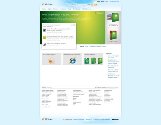 Screenshot of the Microsoft Windows website promoting Windows 7 as it appeared on December 2, 2009. The page includes a header with the Microsoft logo, navigation links, and a search bar. The main content area features a green banner introducing Windows 7 with the text "Your PC, simplified." Below, a section showcases user testimonials praising Windows 7, with tweets from happy users. Further down, promotional boxes highlight the "Top 10 reasons to buy," downloading Internet Explorer 8, and comparing different versions of Windows 7. The sidebar includes promotions for college students and gift deals. The footer provides links to Windows 7 editions, downloads, help resources, and legal information