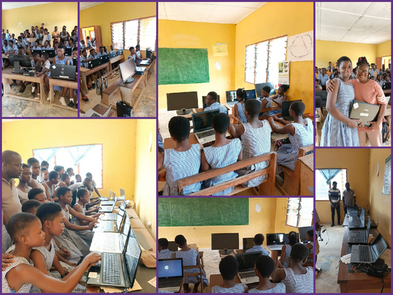 Collage aus Fotos von Schulräumen in Ghana. Junge Männer und Frauensitzen an Tischen vor aufgeklappten Laptop. Ein Foto zeigt2 Frauen, die stolz einen Laptop zwischen sich halten. Auf einigen Desktops sieht man das MATE Logo und Linux.