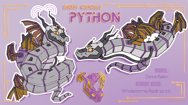 Character art sheet of Python, a dragon snake robot from the Short Circuit Air Unit Line. The sheet includes two illustrations, one of Python twisting themself into knots to say hi, and another of them flying along from a profile view. A purple printed circuit board (PCB) pin design of the dragon is also present. Text on the image reads, "Short Circuit", "Python", "Model: Data Relay", "Known Bugs: Wholesome Redirects".