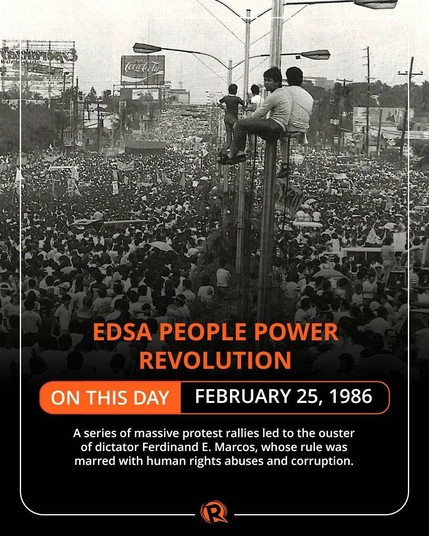 Photo of people on EDSA (road in the Philippines) in protest of dictator Ferdinand Marcos. February 25, 1986.