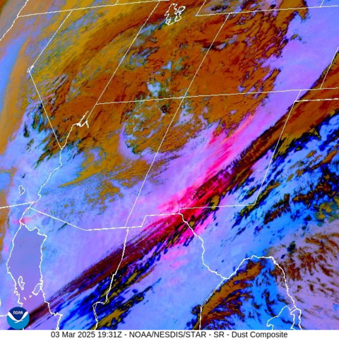 Bright magenta indicating dust storm ares in New Mexico