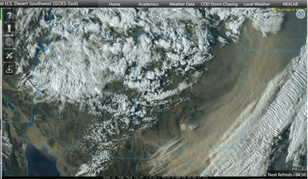 The dust storm over parts of NM, TX, OK, CO is obvious as a tan/light brown layer of 'clouds' over much of this weather satellite image.