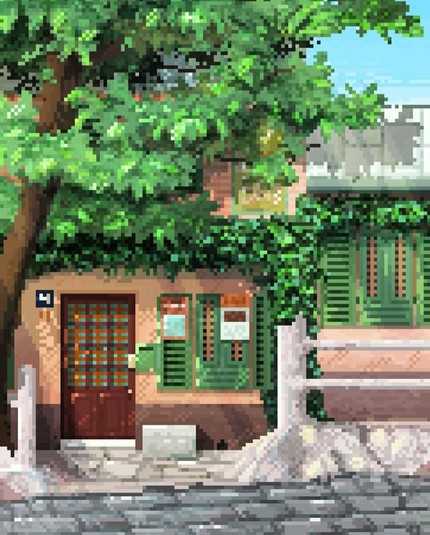 A pixel art illustration of an entrance to a bar located in Paris called “Au Lapin Agile” famous for being a hub in the 30s for famous artists. A tree on the left, a small brown door with opaque windows in a grid, windows with green shutters and cobblestone ground. The building also covered with vines.