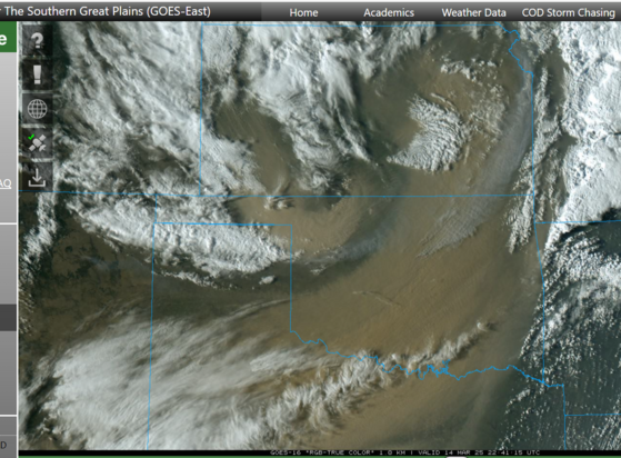 The Friday, 14 March, dust storm started before sunrise in New Mexico and kept racing east through the Texas Panhandle, then farther north into Oklahoma and Kansas.