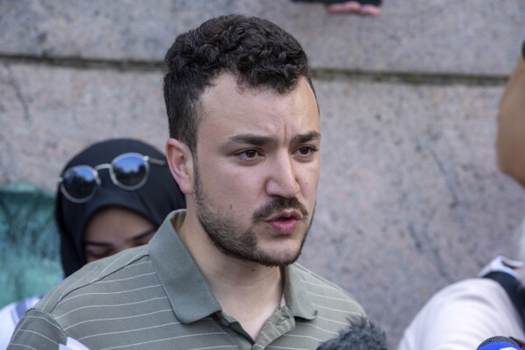 Photo of Mahmoud Khalil during a pro-Palestinian protest at Columbia University on 29 April 2024. Photograph: Ted Shaffrey/AP