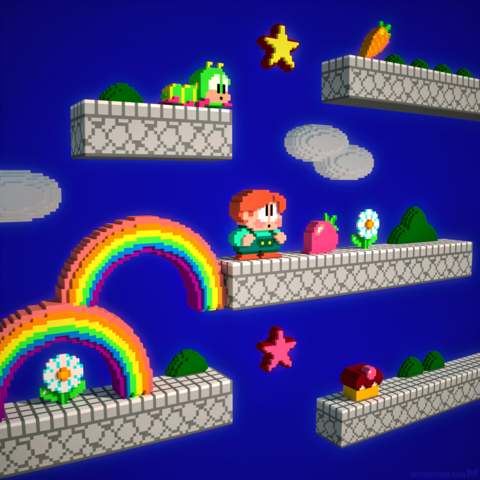 Voxel artwork depicting the classic Rainbow Islands arcade game.