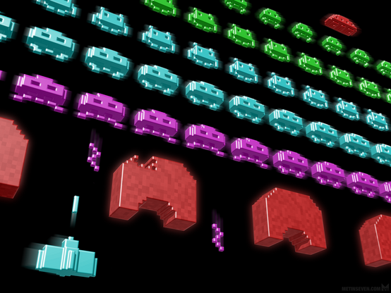 Voxel artwork depicting the classic Space Invaders arcade game.