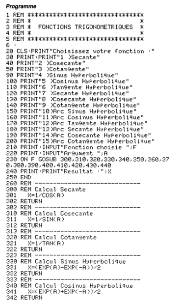 A BASIC listing. Syntax mostly as WR all know it. REM and PRINT comments in french.