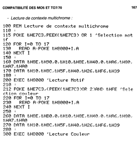 Another BASIC listing. I didn't know the hex syntax used like here

160 DATA &H8E, &H90, ...
...
212 POKE &HE7C3, (PEEK(&HE7C3)OR 2)AND &HFE 'Selection couleur