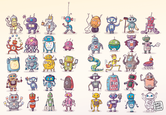 40 unterschiedliche numerierte Roboter befinden sich raster-artig angeordnet auf hellem Untergrund.