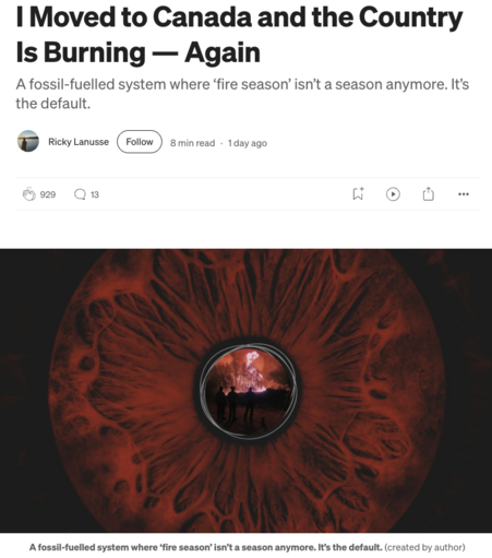 Screenshot of story by Ricky Lanusse with title “I Moved to Canada and the Country Is Burning — Again” and an artistic photo showing people in silhouette looking at a forest fire