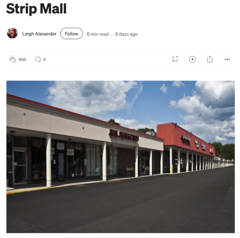 Screenshot of story by Leigh Alexander with title “Strip Mall” and a photo of a strip mall