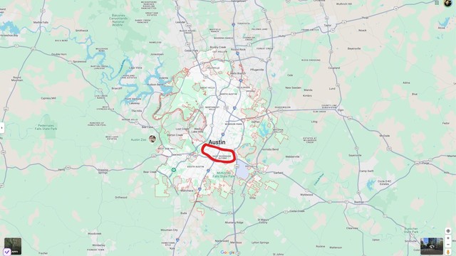 **Image Description for the Visually Impaired:**

The image shows a **Google Maps** view centered on **Austin, Texas**, and its surrounding areas. The city of **Austin** is prominently labeled in the center of the map. A thick red outline highlights a specific neighborhood just southeast of downtown: **East Riverside-Oltorf**.

The map also displays nearby towns and regions such as:

* **Round Rock** to the northeast
* **Dripping Springs** to the west
* **Bastrop** to the east
* **Buda** and **Kyle** to the south

Major highways and interstates are visible, including **I-35**, **Highway 290**, and **Highway 71**, which crisscross the area. Green areas mark natural spaces like **McKinney Falls State Park** and **Pedernales Falls State Park**.

In the top right corner is a small circular user profile image, likely indicating the account viewing or sharing the map. The map interface and layout clearly identify it as a Google Maps screenshot.