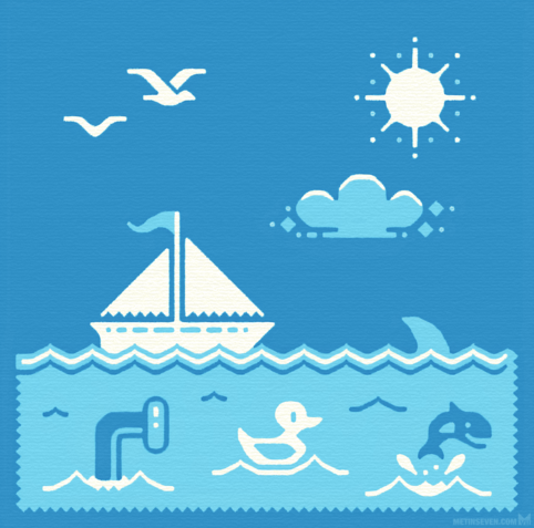 A happy, blue-colored sea scene in a clear graphic art style.