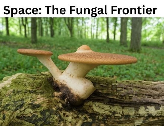 sur fond de foret légère, un champignon sur un tronc pourri, en forme du vaisseau 'l'Entreprise'" de Star Trek sur fond de foret légère, un champignon sur un tronc pourri, en forme du vaisseau 'l'Entreprise'" de Star Trek
