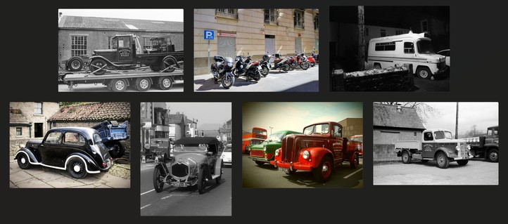 Collection of black and white and colour photographs showing cars, trucks, and motorbikes.  Set upon a black background.