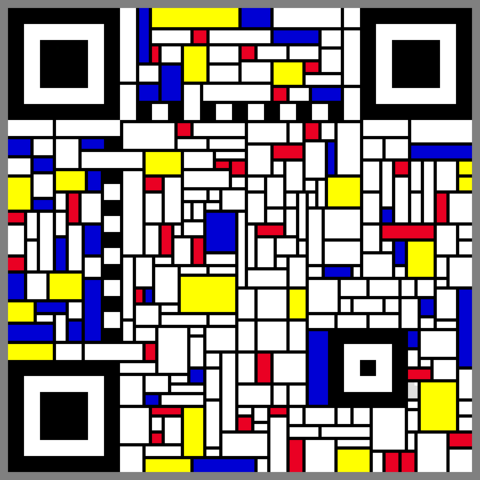 An arrangement of rectangles in the style of Piet Mondrian. They are mainly white rectangles divided by black lines, but some are coloured red, yellow and blue. In the four corners of the image are the black and white 'target' arrangements used to identify QR codes.