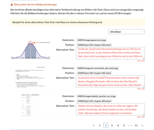 Screenshot einer Seite mit mehreren Fehlermeldungen. Links sieht man drei Grafiken, die in der Neuauflage von "Dann haben die halt meine Daten. Na und?!" enthalten sind. Rechts steht die jeweilige Bildbeschreibung, die den Text wiedergibt, was in der Grafik dargestellt wird. Der Beschreibungstext ist jeweils rot und die Maximallänge des Beschreibungstexts von 125 Zeichen rot hervorgehoben.