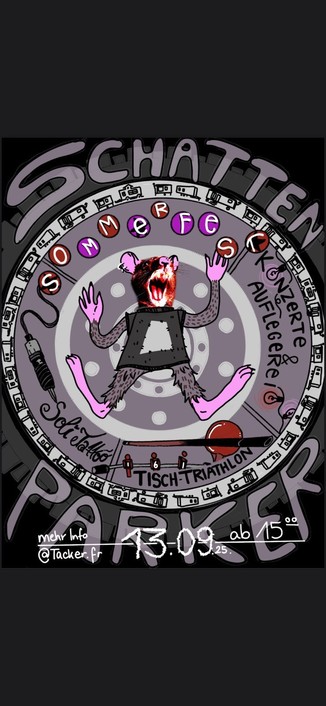 Es handelt sich um ein in Comic-Stil gestaltete Sharepic für eine Veranstaltung. 

Das zentrale Motiv ist eine anthropomorphe Ratte mit einem offenstehenden Maul, als würde sie schreien, und einem energischen Ausdruck. Die Ratte trägt eine schwarze Weste und steht auf zwei Beinen, während ihre Arme nach oben ausgestreckt sind. Die Körperhaltung der Ratte in der Bildmitte erinnert an das Anarchisten-A.

Der Hintergrund ist das Zifferblatt einer Uhr, das auf ein Sommerfest hinweist, das am 13. September ab 15 Uhr stattfindet. Es gibt einen schriftlichen Hinweis auf  einen "Tisch-Triathlon", auf Tattoos, auf Livekonzerte und ''Auflegerei'.

Oben im Kreis steht: "Schatten" und unter "Parker"

Um die Maus herum sind bunte Buchstaben, die den Wochentag "SONNTAG" bilden, in verschiedenen Farben und Schriftarten. Es gibt auch eine gezeichnete Tattoomaachine die das Wort 'Solitattoos' gestochem hat.

Die Seite enthält außerdem den Hinweis auf einen Instagram-Handle (@Tacker.fr).