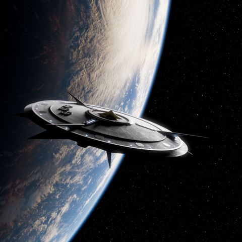 The image is a piece of fan art inspired by Raumpatrouille Orion (Space Patrol Orion). It depicts a sleek, futuristic spaceship in orbit above Earth. The craft has a large, circular, saucer-like body with smooth metallic surfaces, illuminated by small white lights along its rim. Spikes extend from its edges, giving it a sharp, imposing design. At the center sits a pyramid-like structure, enhancing its retro-futuristic aesthetic. Below, Earth is partly visible, with white clouds swirling over blue oceans and reddish-brown landmasses. The deep blackness of space surrounds the scene, emphasizing the vessel’s isolation and grandeur. The artwork captures the classic 1960s vision of space exploration—elegant, bold, and iconic.