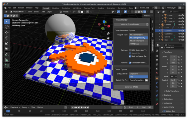Blender with TracerBlender to model the Blender logo for ray tracing in MSX BASIC