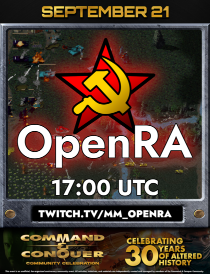 Promo card for Command and Conquer 30th Anniversary event, OpenRA stream on September 21, 2025, 17h UTC. Hosted at twitch.tv/mm_openra