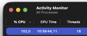 iTerm2 spending 10 hours of CPU time over 6 days app uptime due to apparent macOS 26 bug.