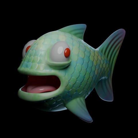A 3D render of a cartoon fish. The fish is shown at an angle, and he is looking to the side, past the viewer. His mouth is open, and he is smiling slightly. His body is a speckled light green with blue tips on the fins and red eyes.
