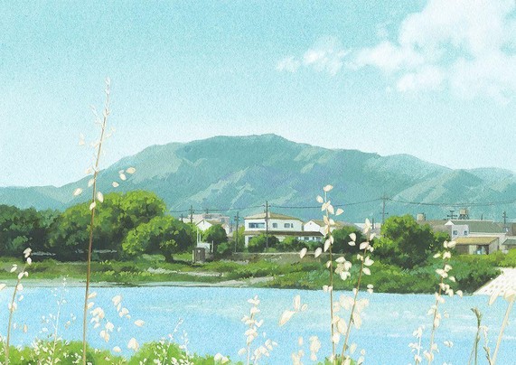 a painting of a Japanese landscape showing a river, mountains, trees, and little houses