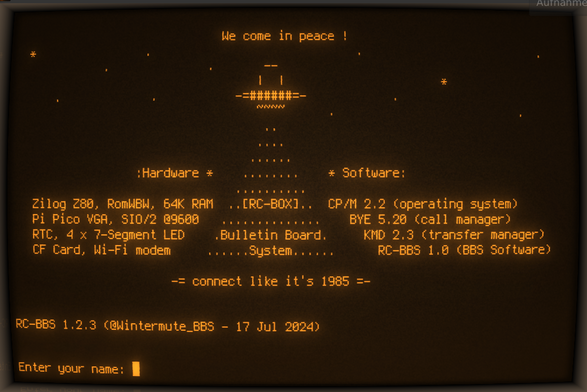 An amber terminal screen showing the ASCII art welcome banner of RC-BOX BBS and it`s iconic motto "connect like it`s 1985"

Telnet: rc2014.ddns.net:2014