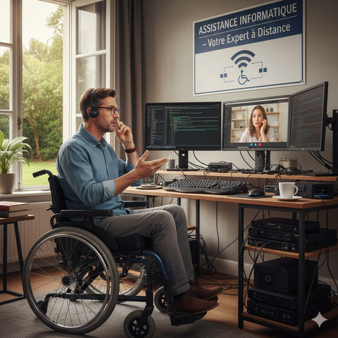 Opérateur de téléassistance informatique à domicile en communication avec une cliente, devant son bureau et ses écrans d'ordinateur, un casque micro sur la tête.