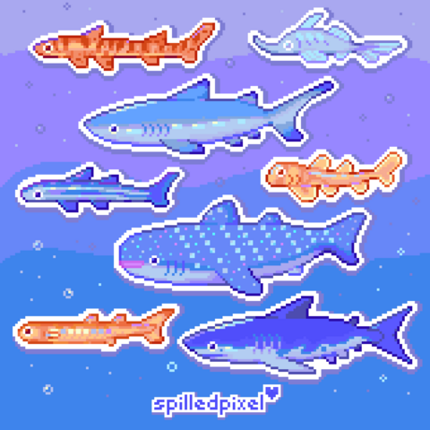 pixelart of various sharks