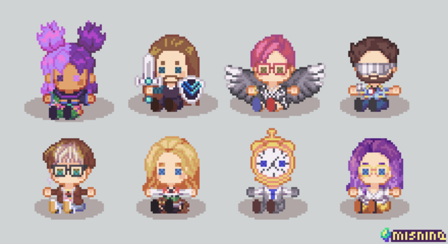 A set of 8 characters in a pixel art doll form.