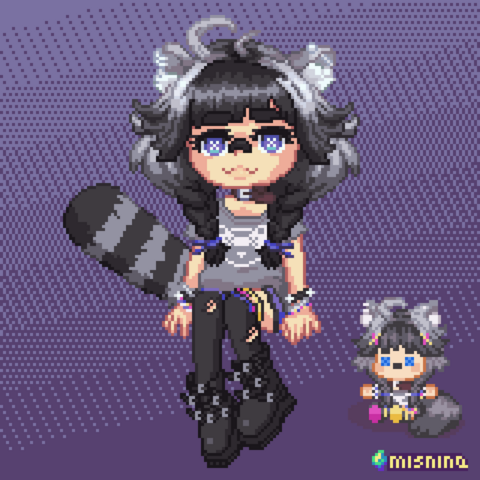 A pixel art illustration of a racoon girl in 2000s emo clothing, as well as the same girl in a small doll form in the corner.