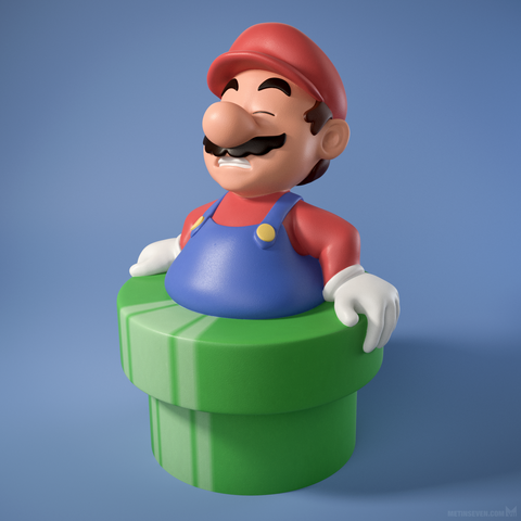 3D print design of a corpulent Mario who is stuck in a characteristic green pipe from the game series.