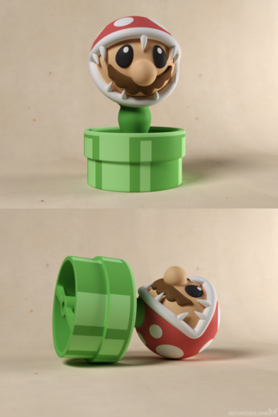 3D print design of a stylized Mario inside the mouth of a Piranha Plant from the game series.